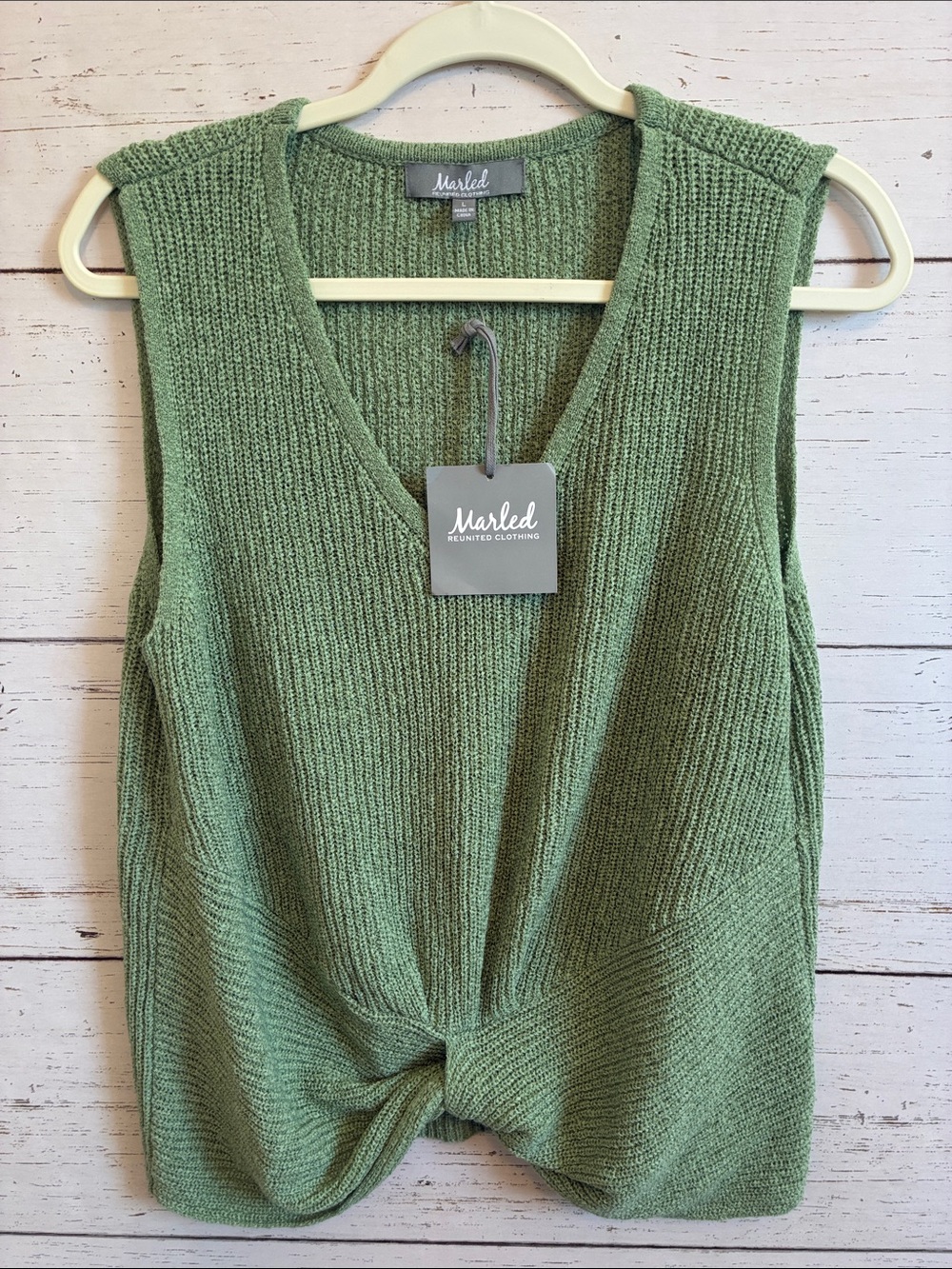 Marled Reunited Sage Green Knit Twist-Front Sleeveless Sweater Tank, size L, NWT